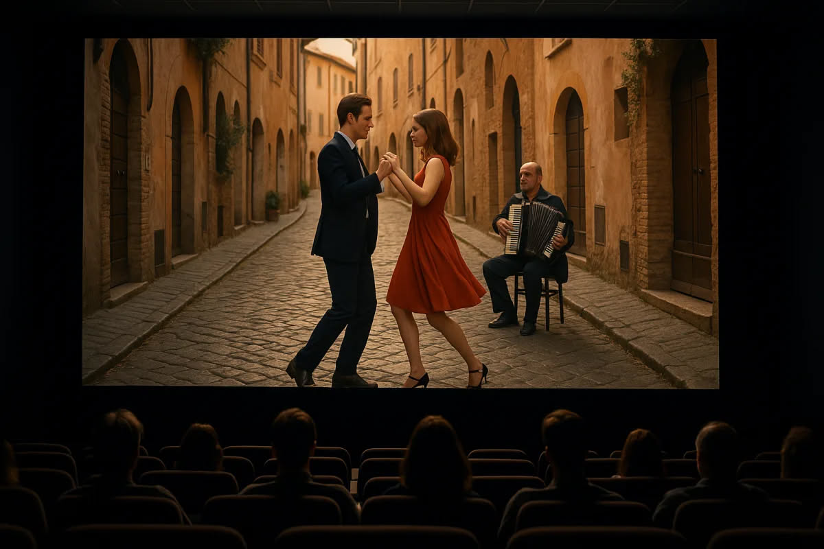 Inquadratura in bianco e nero di una sala cinematografica con proiettore acceso e raggi di luce che attraversano il buio della platea