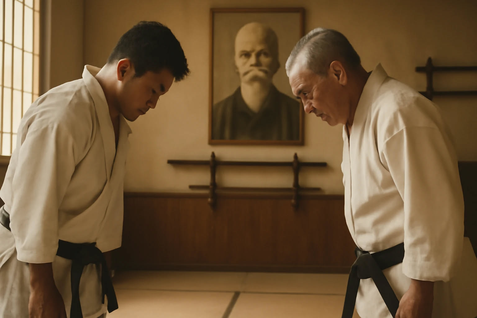 Interno di una casa giapponese tradizionale con tatami, finestre scorrevoli e luce naturale che illumina vasi e oggetti quotidiani disposti con armonia