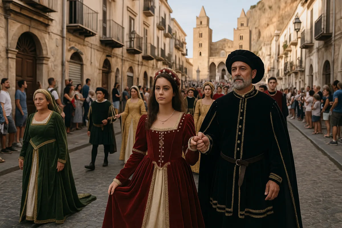 Interno di uno studio cinematografico con set storico ricostruito: costumi d'epoca, arredi antichi, attori in costume e luci professionali che illuminano la scena