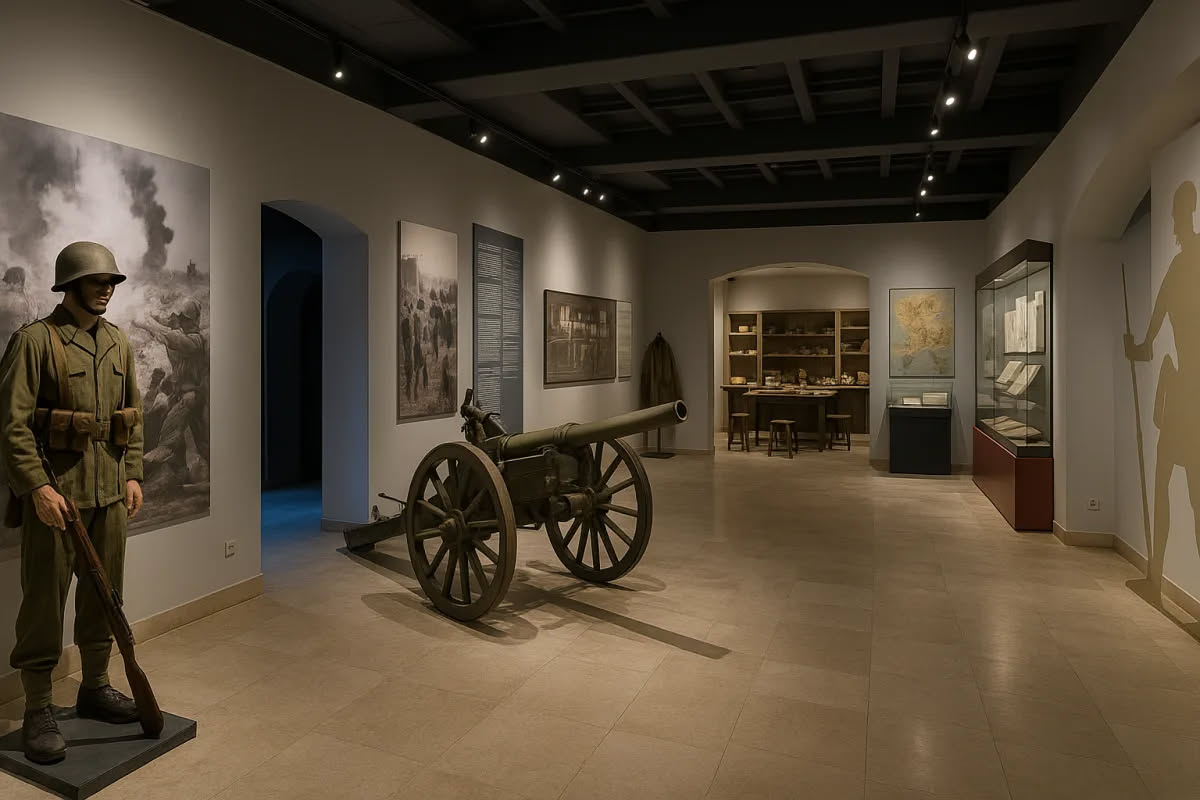 Scena di battaglia in bianco e nero da un film classico di guerra, con soldati in trincea e fumo di esplosioni sullo sfondo