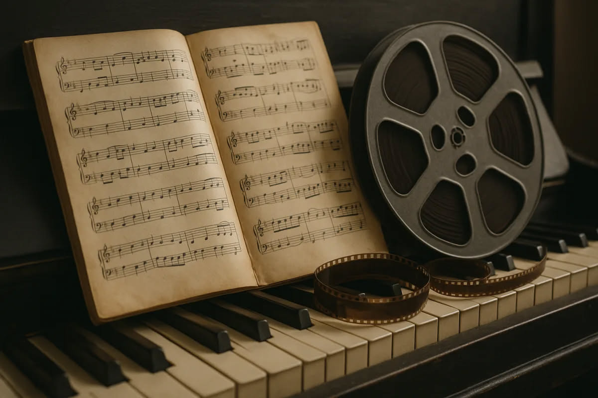 Scena di un musical con attrice che indossa abito rosso brillante in primo piano mentre canta su un palcoscenico illuminato, con ballerini sfocati sullo sfondo